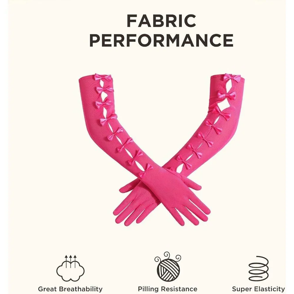 Women's Princess Rose Pink Long Sleeves Gloves Bow Lace Mesh Tulle Party Prom